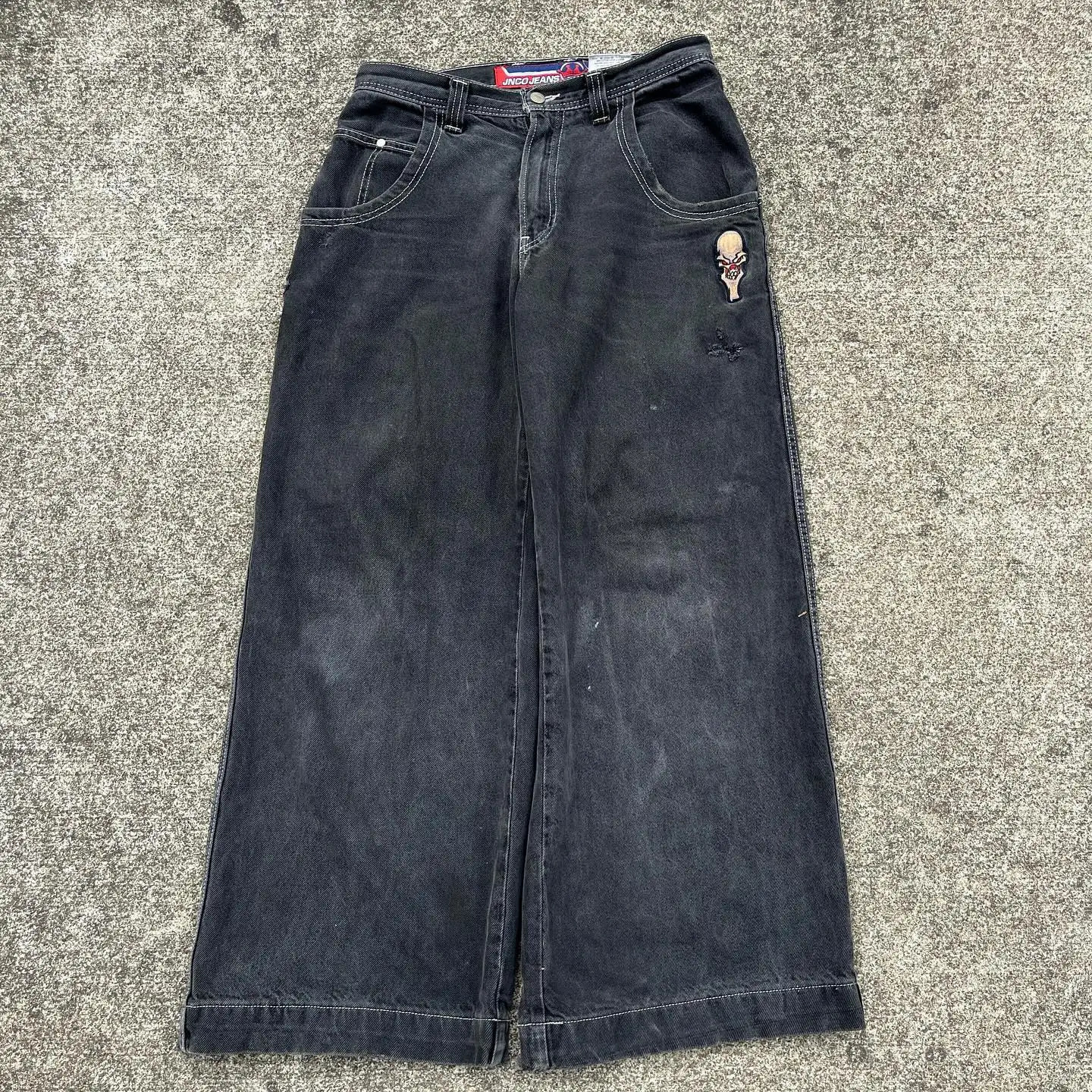JNCO Skull Embroidery Denim Pants Vintage Graphic Print Baggy Jeans High Waist Pant For Men Wide Leg Trouser Y2k Streetwear 240819