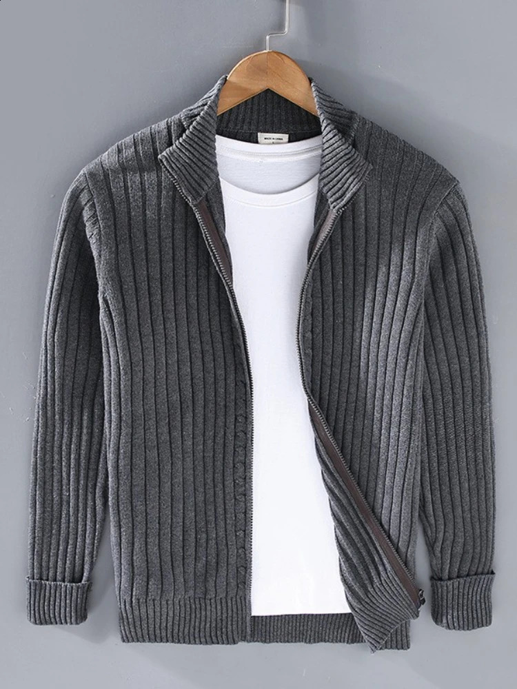Autumn and winter mens cardigan sweater stand up collar zipper cotton 100% thick knit solid color streetwear 240819