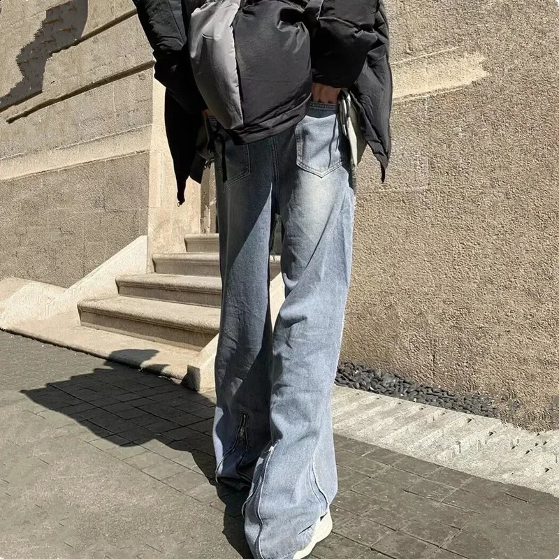 Ropa Grunge Y2K Streetwear Zipper Stacked Baggy Jeans Cargo Pants Men Clothing Straight Loose Denim Trousers Pantalon Homme 240819
