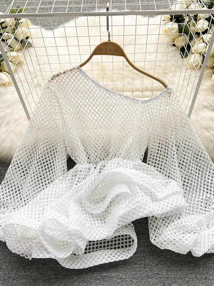 XFPV autumn summer fashion Korean chic patchwork hollow shirt loose long sleeved top womens SM2255 240819