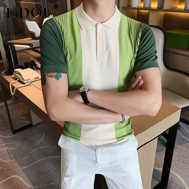 Summer Korean Fashion Polo Shirts Men Creative Y2k Sports Chic Loose Casual Contrasting Colors Hipster Street Top Clothes 240819