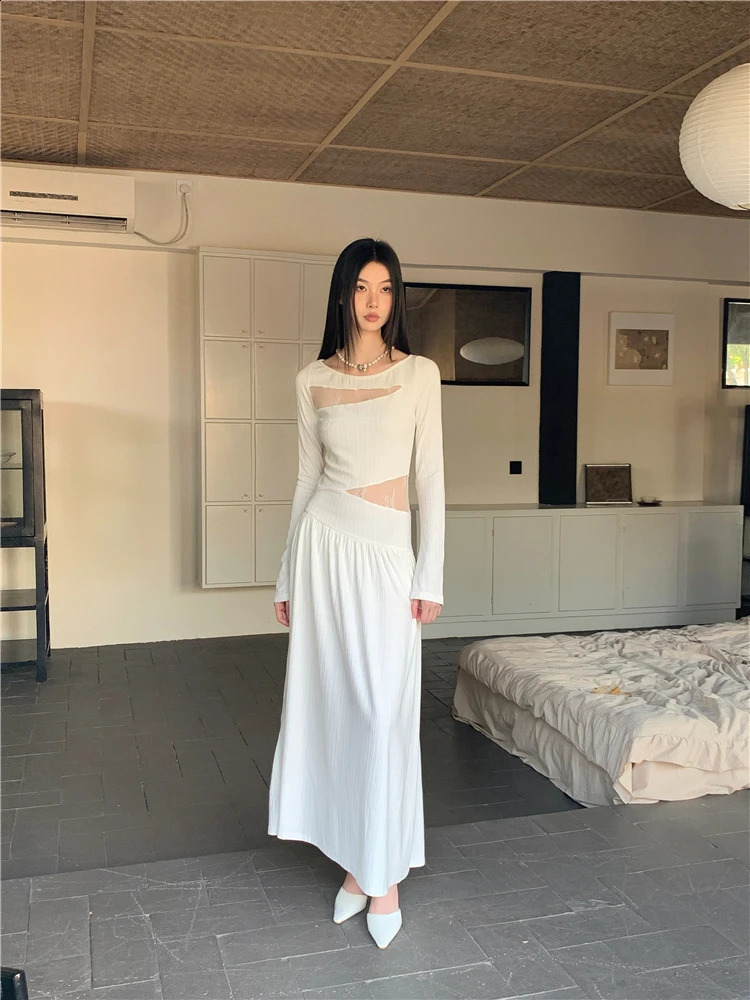 Lace White Long Dress WomenS Spring And Autumn Style High-End Sense Spliced Waist Exposed Slim Fit Temperament Dress 240819