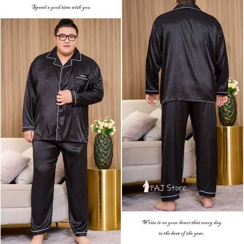 Mens sleepwear silk satin long sleeved spring clothing plus size 7XL 8XL plain weave mens full body sleepwear lounge setW240719