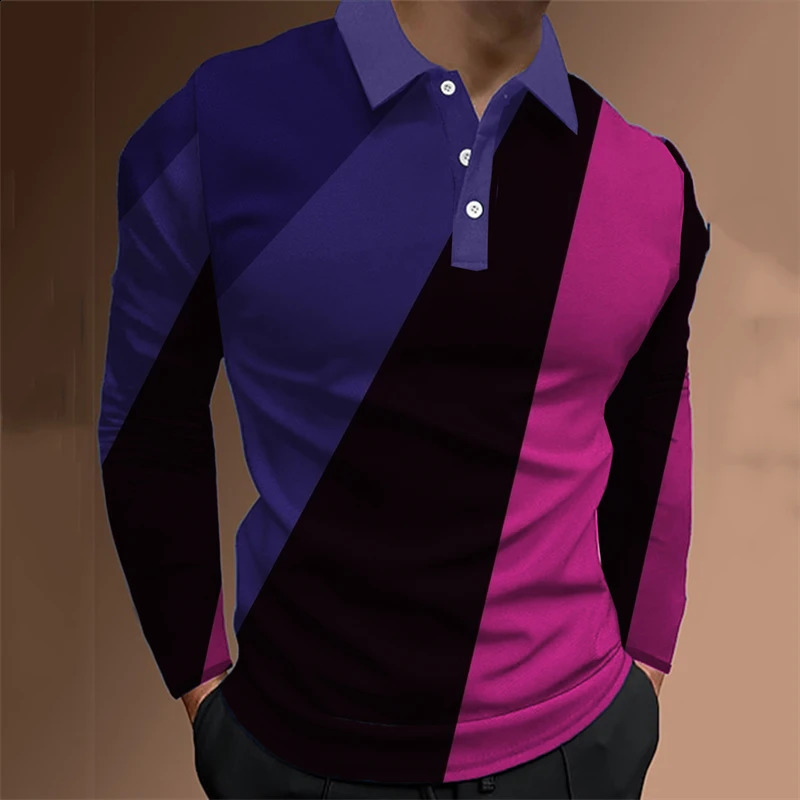 Fashion Mens Polo Shirt 3D Thin Line Stripe T-Shirt Top Summer Long Sleeve Polo Shirt Colorful Pattern Tee Casual Male Clothes 240820