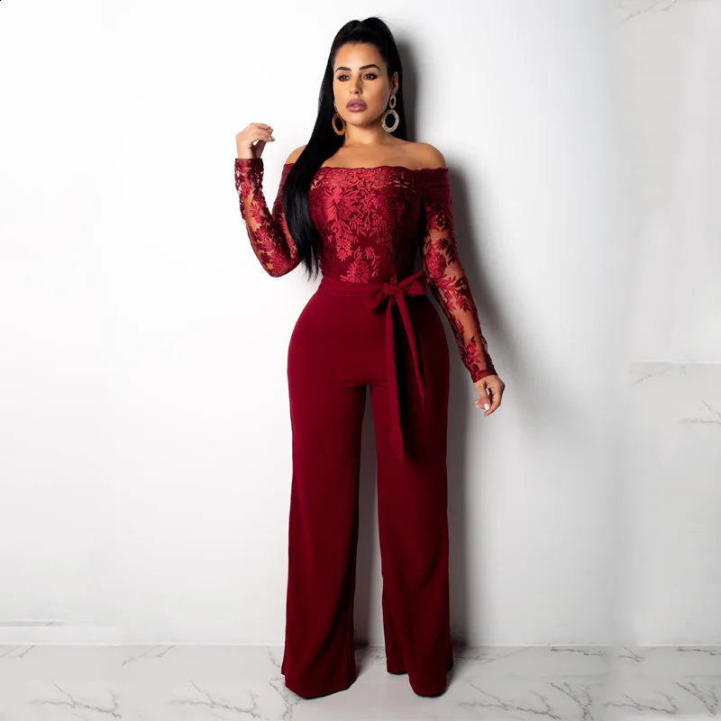 Appliques Lace Patchwork Jumpsuit Women Sexy Off Shoulder Slash Neck Long Sleeve Elegant Wide Leg Pants Jumpsuit Party Overalls i240820