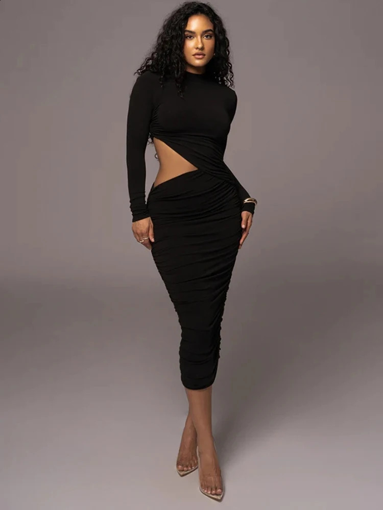 Ahagaga Fashion Sexy Club Hollow Out Dresses Women Regular Casual Solid O-neck Long Sleeve Slim Bodycon Elegant Vestidos Robes 240819