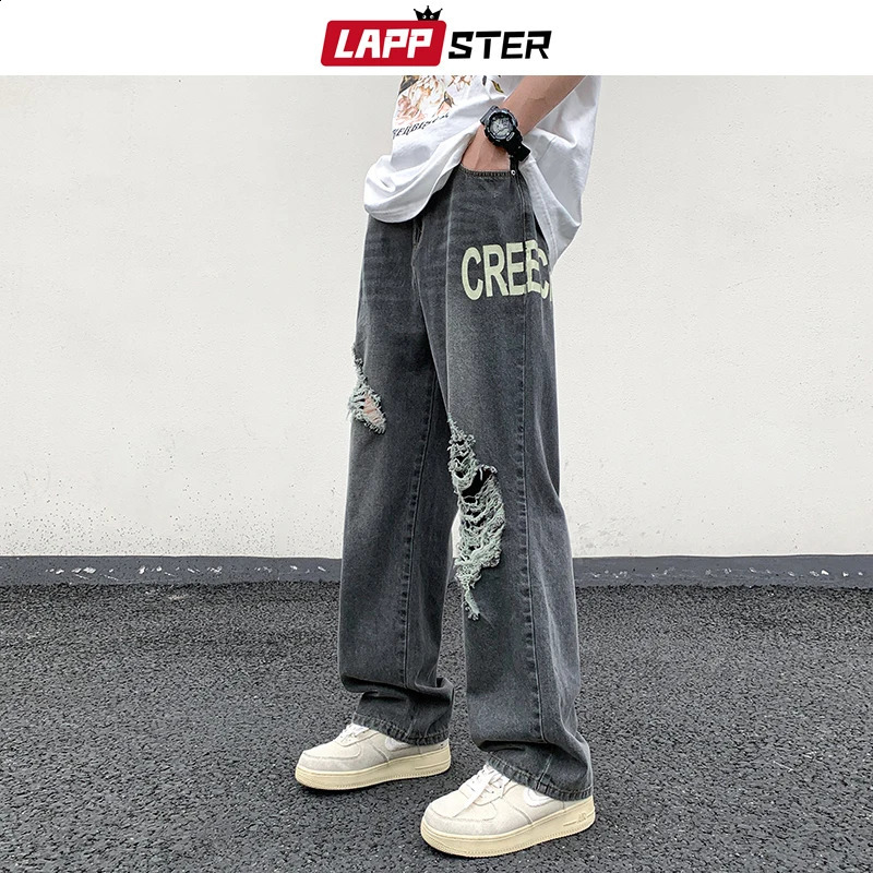 LAPPSTER Y2k Streetwear Baggy Jeans Pants Mens Ripped Black Hip Hop Cargo Stacked Jeans Male Korean Fashions Denim Pants 240819