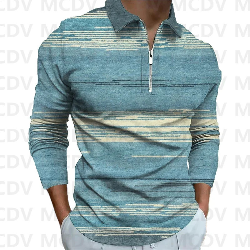 Mens Long Sleeve Zipper Polo Shirt Retro Pattern 3D Printed Polo Long Sleeve T Shirt Autumn Casual Tops 240820