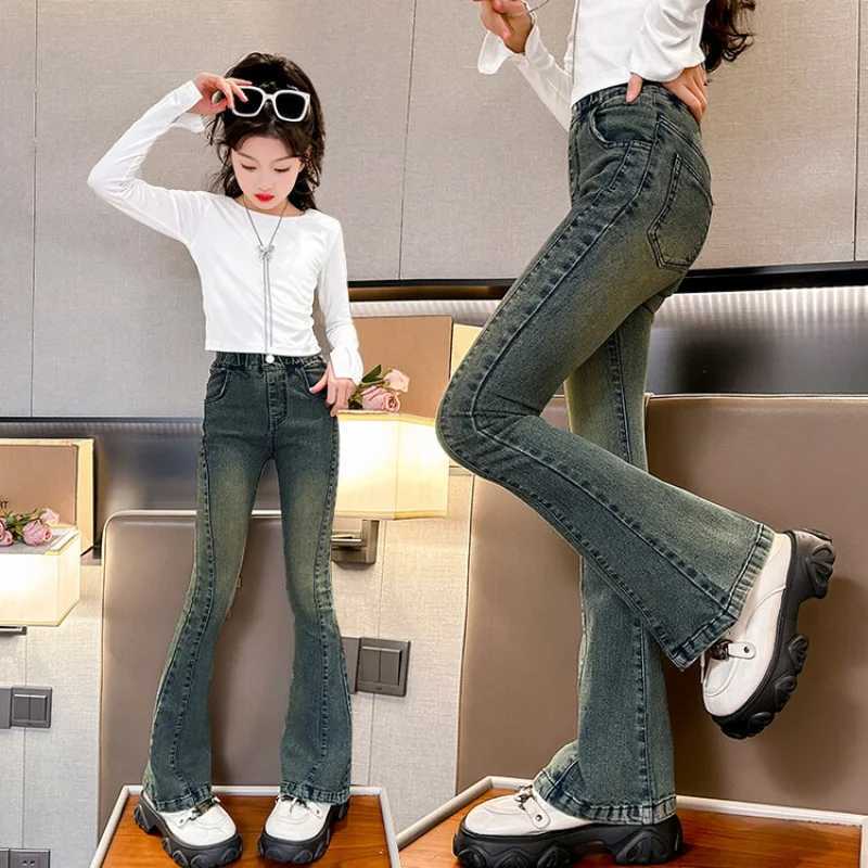 Childrens clothing spring autumn patchwork denim Flared Pants ultra-thin American retro denim Trouser solid color breathable casual jeansW240819