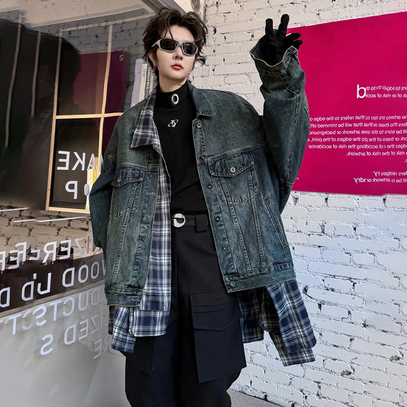 LUZHEN Spring Fashion Grid Loose Shirt Splicing n Cowboy Jacket Mens Street Trend Two LZ3072 240809