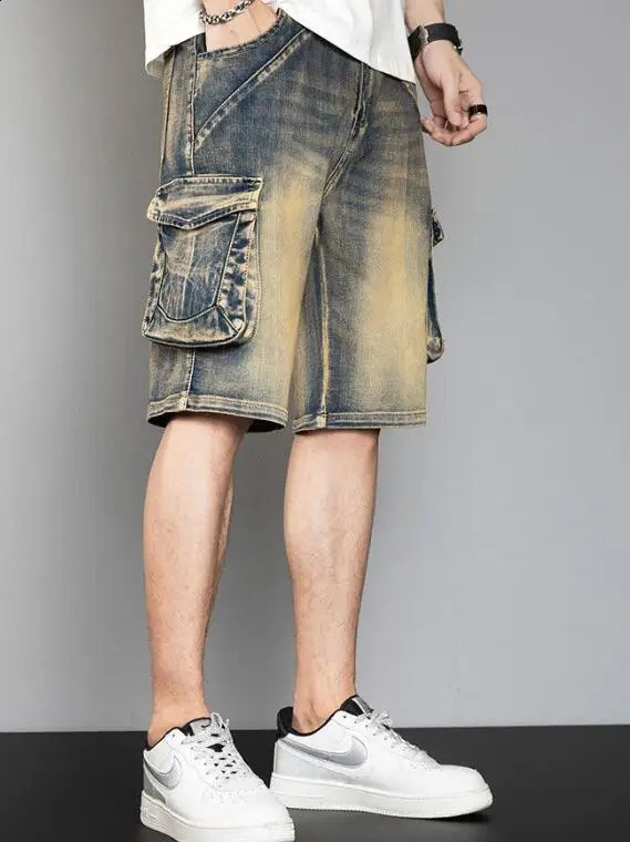 Mens Multi Pocket Summer Loose Distressed Wide Leg Knee Length Shorts Washed Fashion Denim 240819