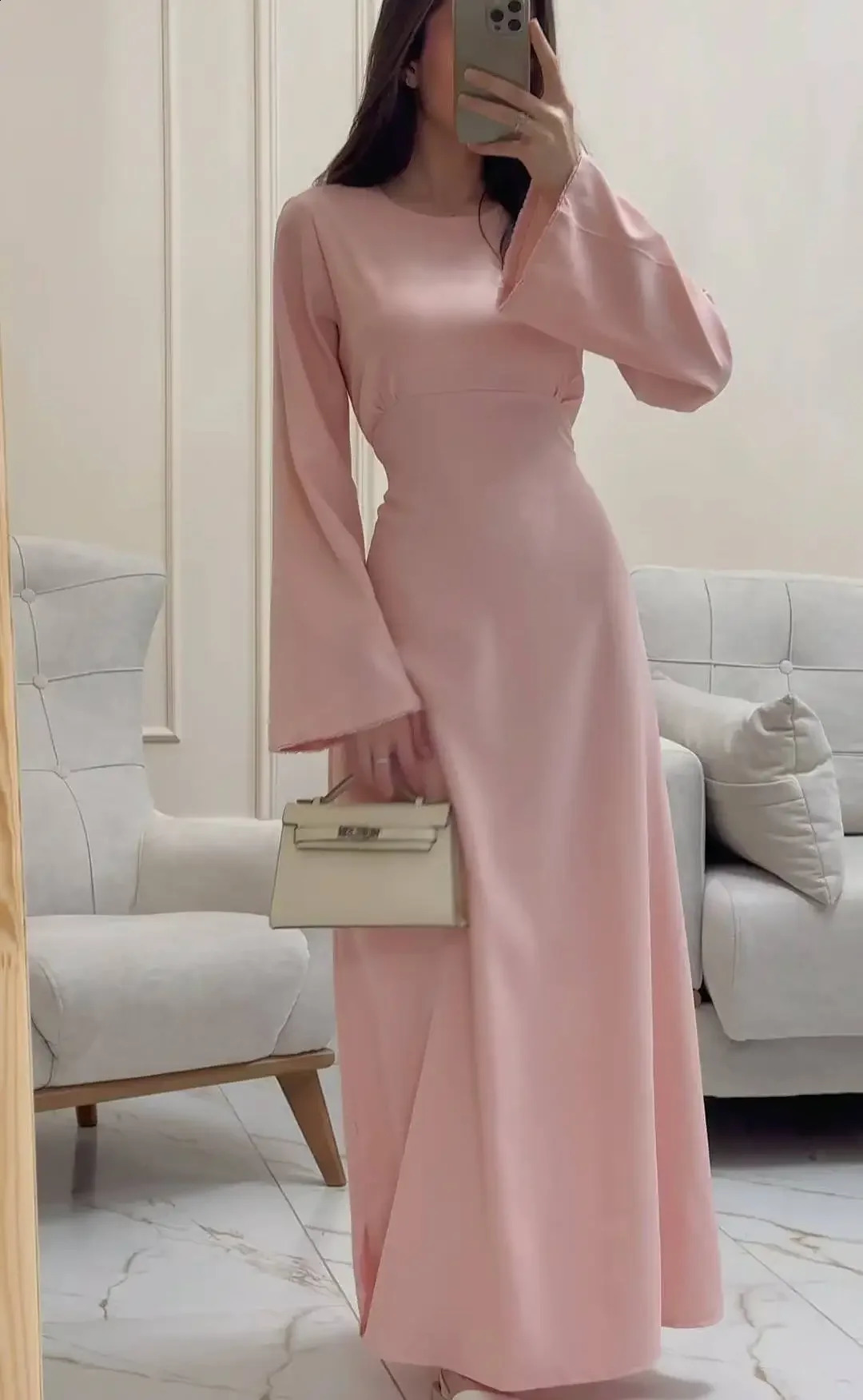Autumn Elegant Solid Lace Up Dress Muslim Women Fashion Solid Round Neck Flared Sleeves High Waist A-line Dress Women 240819