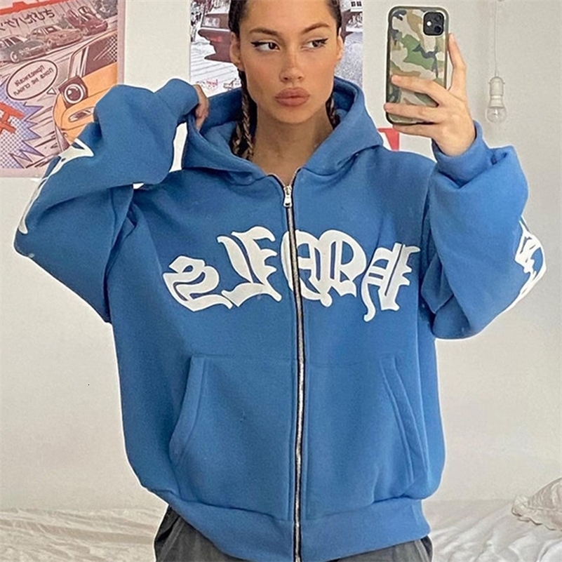 Y2K zip up hoodie Harajuku Hip Hop Punk streetwear goth Letter printing oversized hoodie Sweatshirt Vintage Loose Clothes 240819