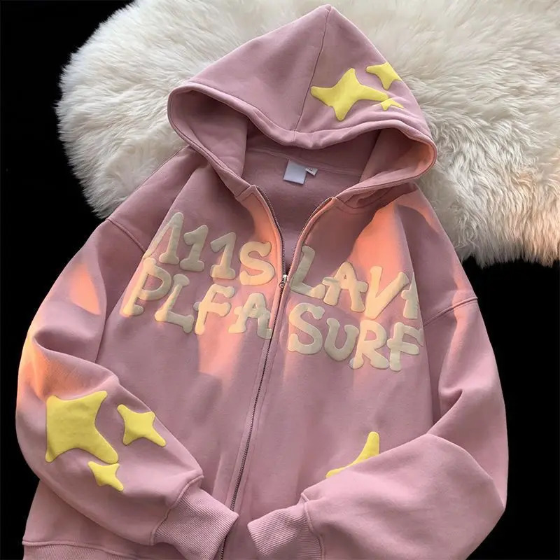 American Letter Print Hoodies Cardigan Womens Y2K Street Hip-Hop Trend Sweatshirts Couple Lazy Wind Loose Zipper Hoodies Coat 240819