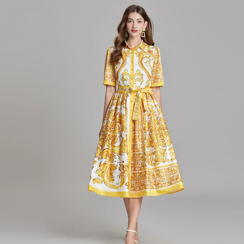 Summer Holiday Yellow Paisley Print Shirt Dresses Womens Turn Down Neck Short Sleeve Belt High Waist Beach Party Vestidos 240819