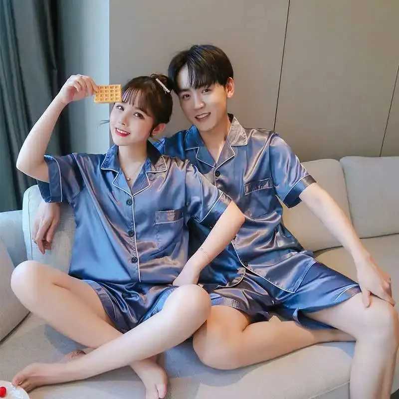 Solid color sleepwear silk satin sleepwear couple set short sleeved sleepwear set womens casual sleepwear plus size Pj set W241221