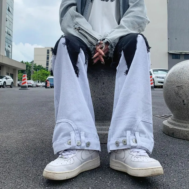Y2K Fashion Black White Spliced Baggy Flared Stacked Jeans Pants For Men Clothing Women Wide Leg Long Trousers Ropa Hombre 240819