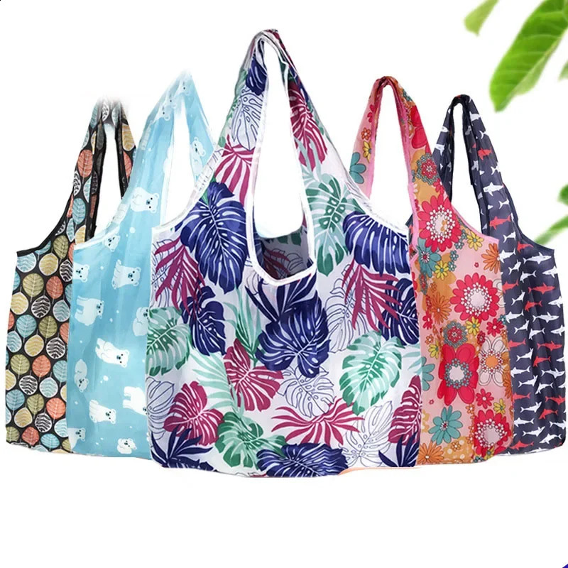 Womens Foldable Cat Flower Pattern Large Shopping Bag Washable Leopard Print Reusable Easy To Carry Capacity Handbags Pouch y240925