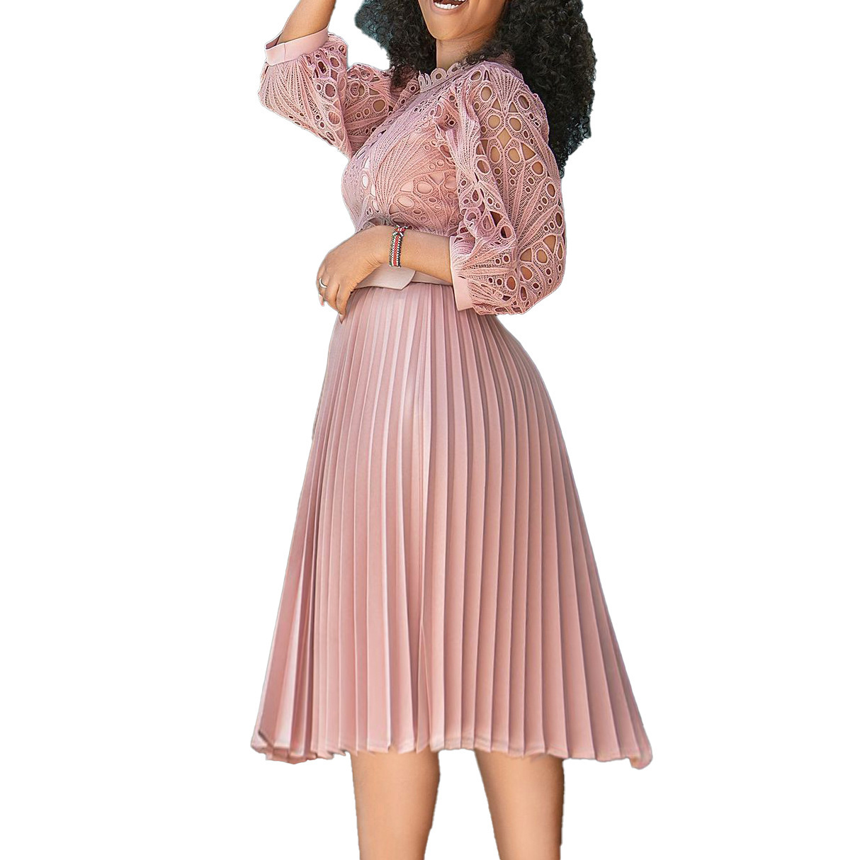 Elegant Women's Lace Flower Pleated Skirt - European & American Style Dress with Hook Closure