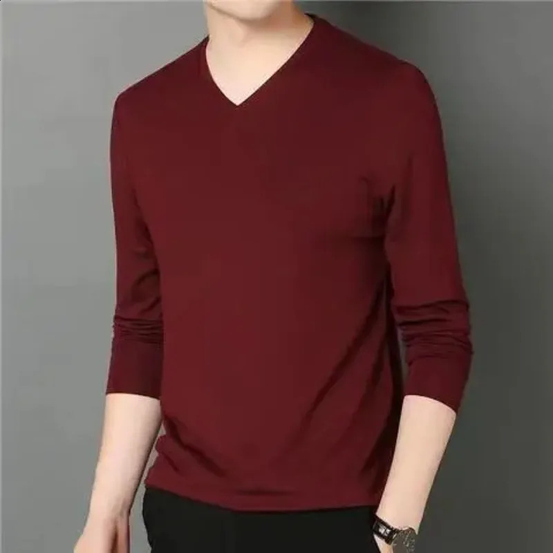 Spring Autumn Men Basic Long Sleeve T-Shirts Streetwear Fashion Slim V-Neck Versatile Male Clothes Casual Bottoming Tops 240820