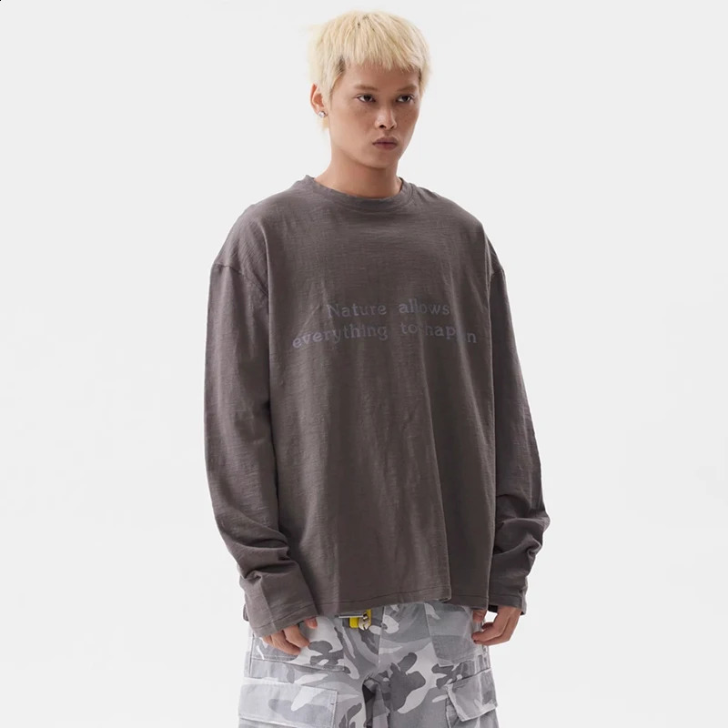 PFNW Male American Lazy Style Printed Letter T-shirt Street Vintage Round Neck Long Sleeve Loose Casual Mens Tops Chic 28W4416 240820