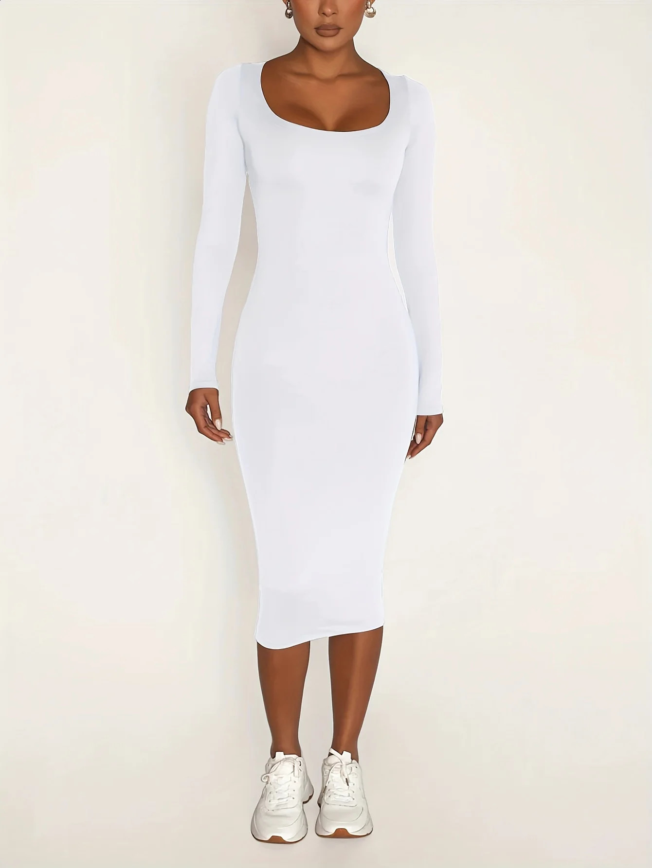 Womens Long Sleeve U-Neck Party Bodycon Midi Jumper Dress Stretch Winter Dresses 240819