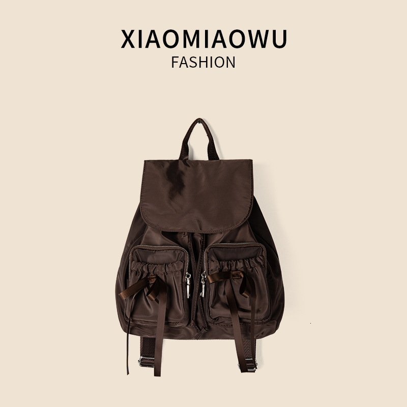 Multi pocket pleated nylon simple bow flap backpack, women's high-end and lightweight travel backpack