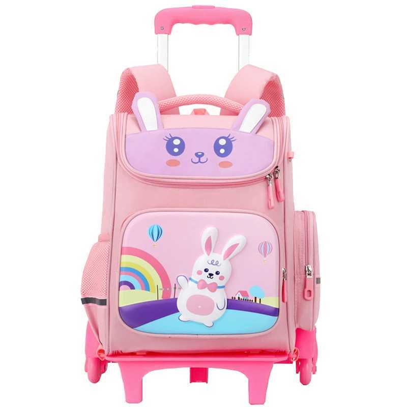 Trolley School Bag Boy Girl Kids Trolley Roller Bag Dinosaur Rabbit Preschool Wheeled Bags 6 Wheel Lightweight Backpack Y240820
