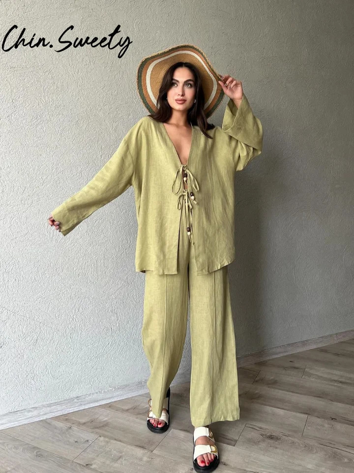 Casual Solid Lace Up Shirt Trouser Set Women Chic Long Sleeve V Neck Cardigan Wide Leg Pants Suit 2024 Autumn Elegant Lady Sets 240819