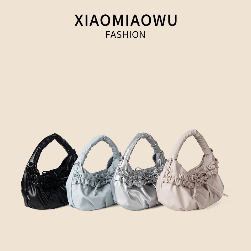 Small niche pleated high-end work handbag, bow PU summer shoulder crossbody bag, women's versatile bag