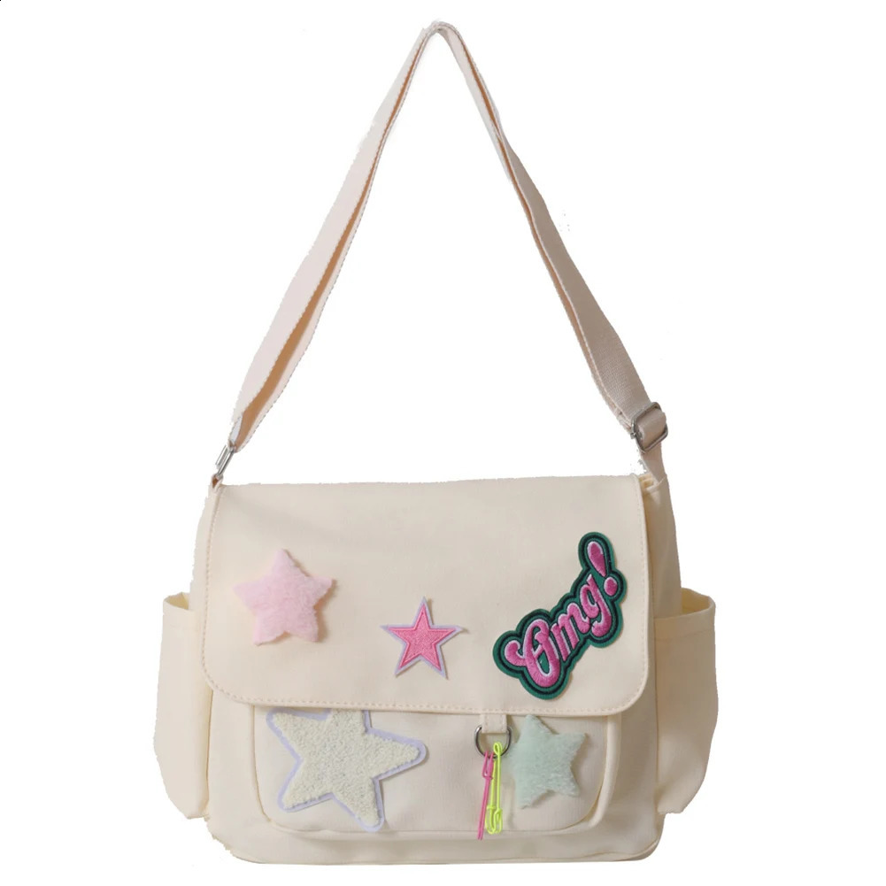 Women Simple Book Large Capacity Canvas Lovely Shoulder Star Letter Applique Candy Color Leisure Travel Outdoor Bag 240819