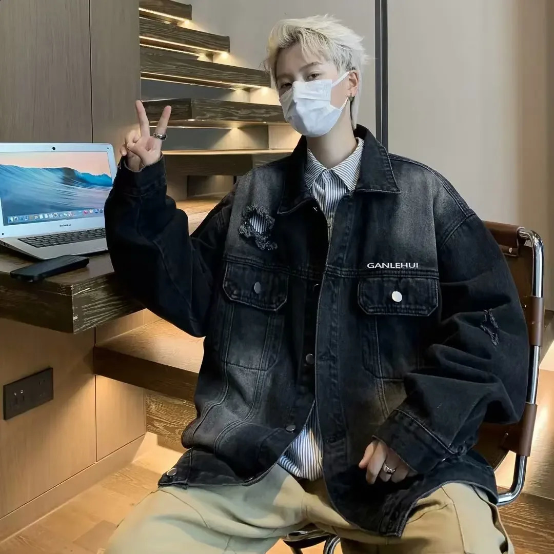 Retro style mens denim jacket fashionable American high street casual loose open collar spring and autumn clothing 240819