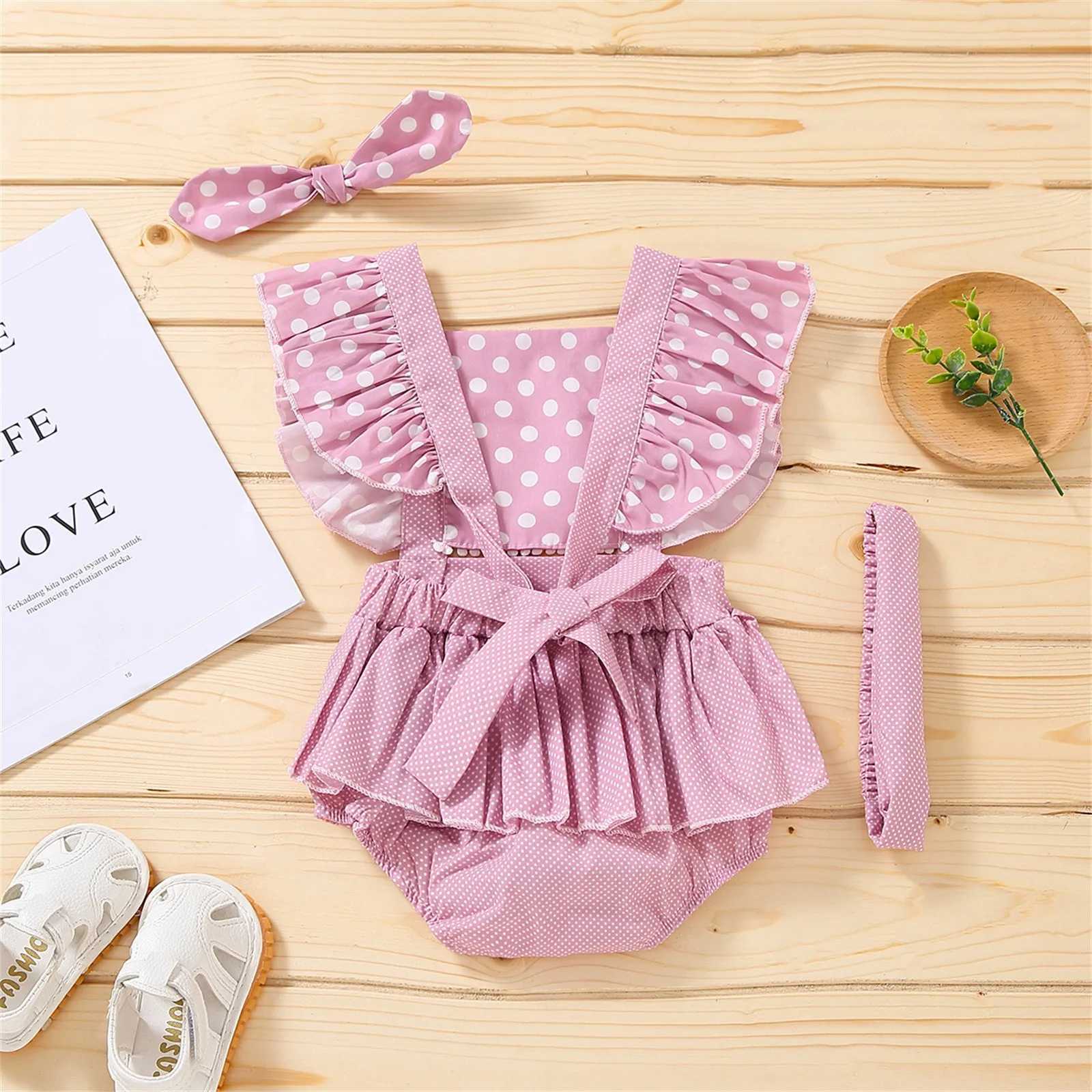 Jumpsuit with polka dots and ruffles for girls sleeveless baby headband for babies polka jumpsuit for girls 12-month baby dress W240806