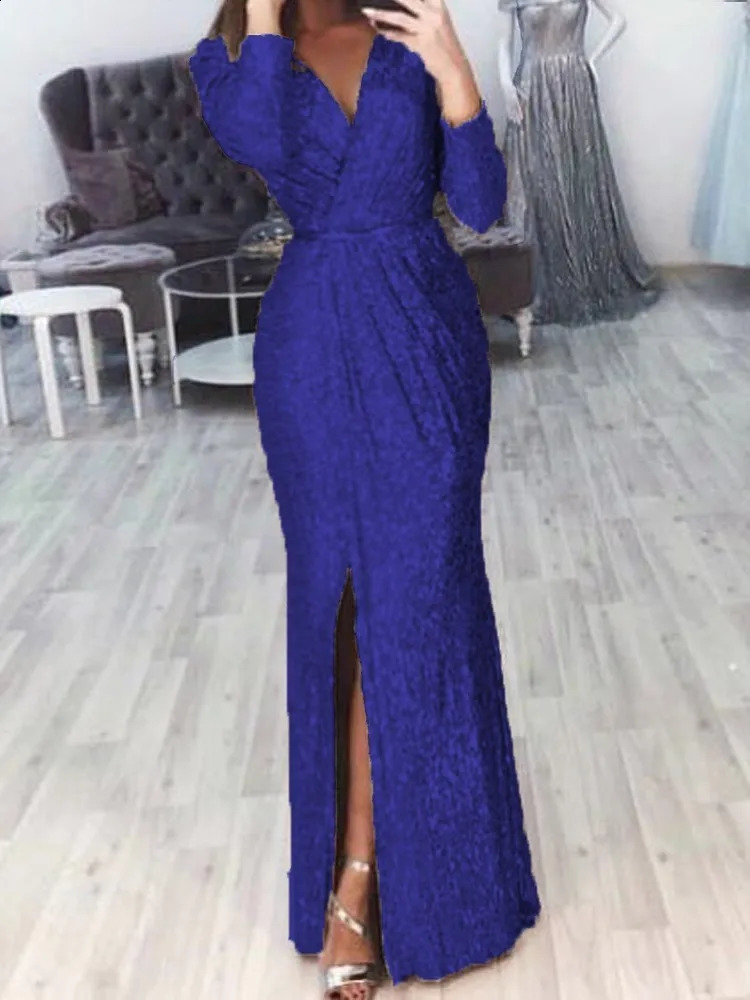 Autumn Winter Womens Dress Sequin V-neck Long Sleeved Waist Sexy Split High End Casual Fashion Elegant Dress Womens Dress 240819