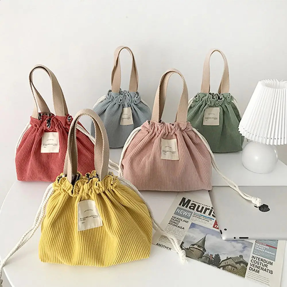 Easy Dinner Container Canvas Thermal Corduroy Canvas Travel Necessary Drawstring Picnic Tote Small Handbag Lunch Box Lunch Bag 240819