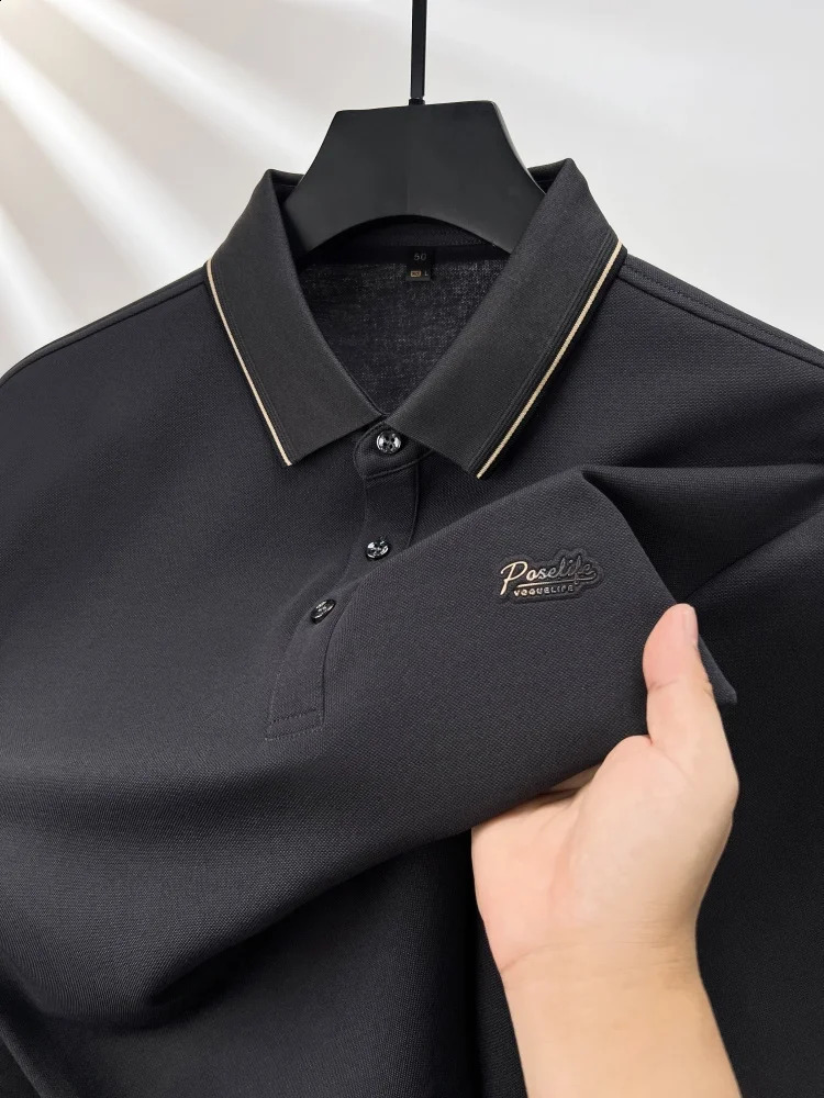 High end Men Ice Silk Without Trace POLO shirt Autumn Fashion Letter Print Long Sleeve T-shirt Business Leisure Men Wear 240820