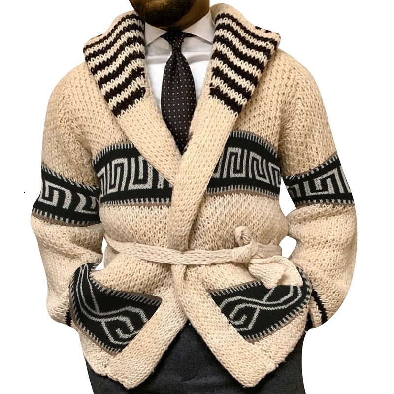 Fashion Mens Warm Sweater Cardigan Autumn Winter Retro Jacquard Knitted Sweater Male Thick Lace-Up Waist Cardigan Sweater Coats 240819