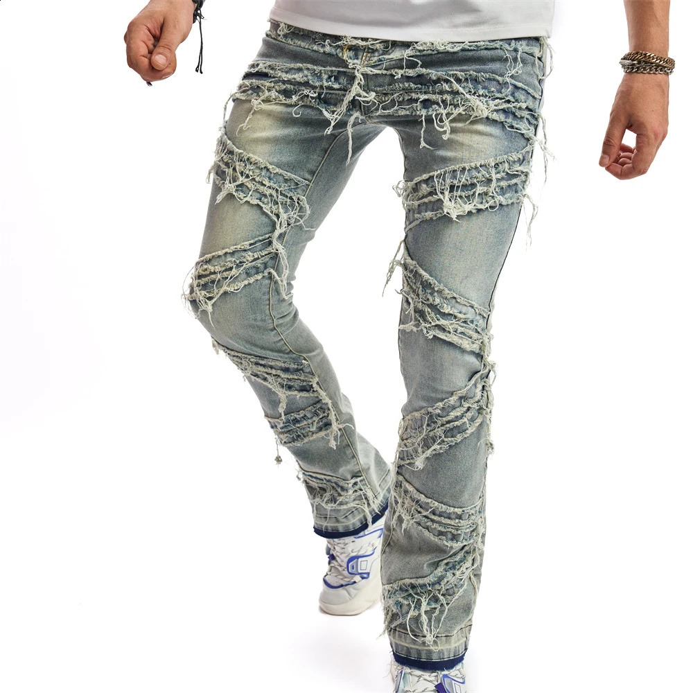 Vintage Street Men Stacked Spliced Straight Biker Jeans Pants Good Quality Male Slim Casual Denim Trousers 240819