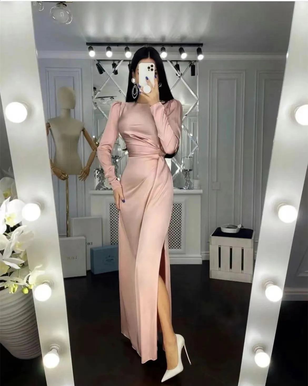 High Quality Sexy O Neck High Slit Irregular Silk Party Dress Women Retro Belt Satin Elegant Long Sleeve Solid Maxi Dress Mujer 240819