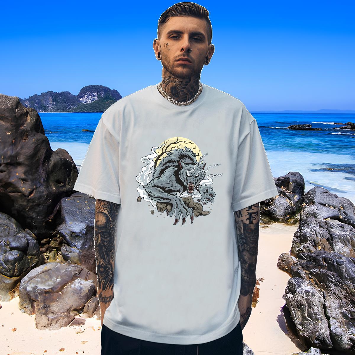 Unisex Man T Shirts wolf Short Sleeve Soft Daily Outfit Custom Cartoon 230g Cotton Couples T Shirts 2024 Summer Tops Shirt