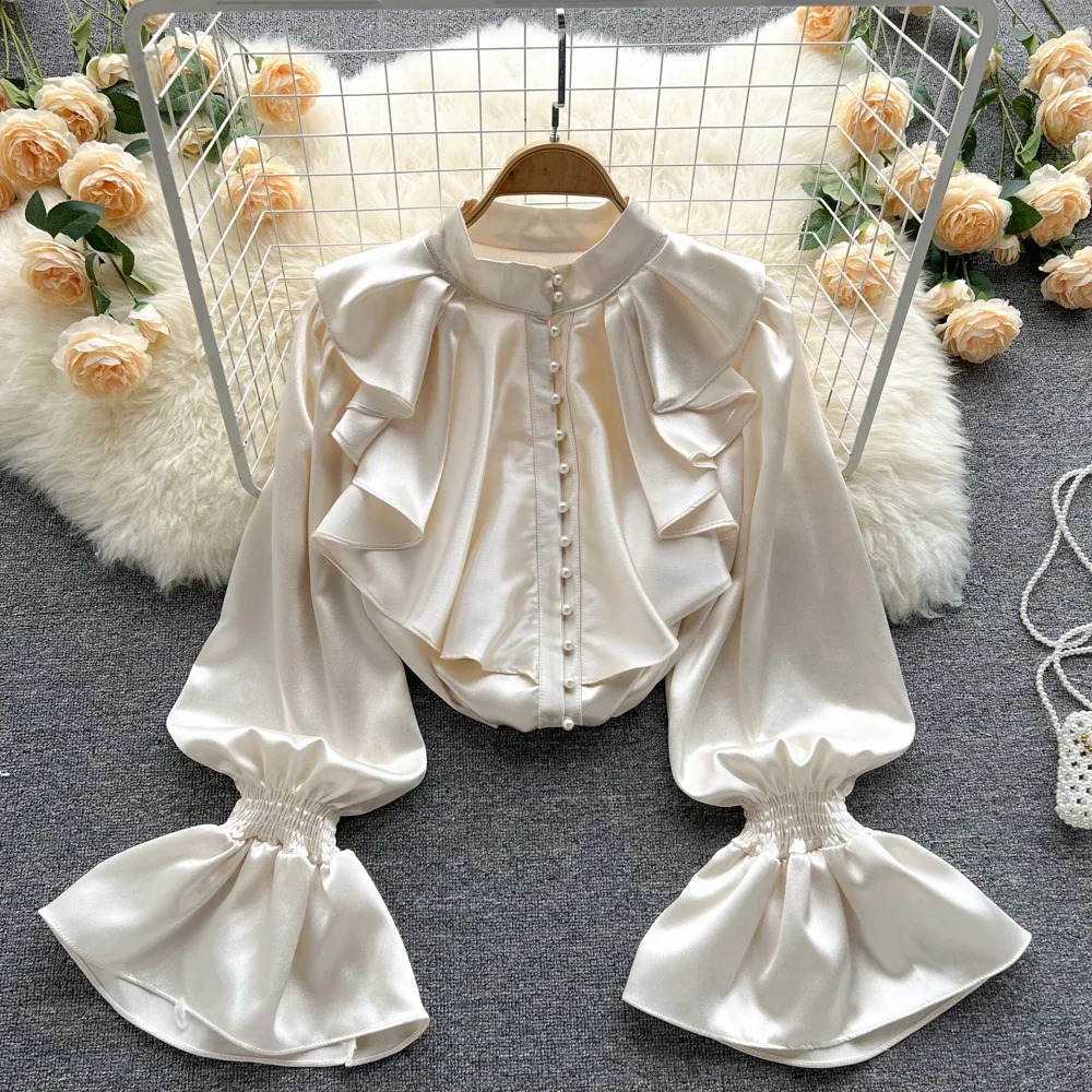 Elegant Retro Ruffle Shirt Puff Long Sleeve Korean Fashion Sweet Top Womens Unique Gothic Spring and Autumn 240819