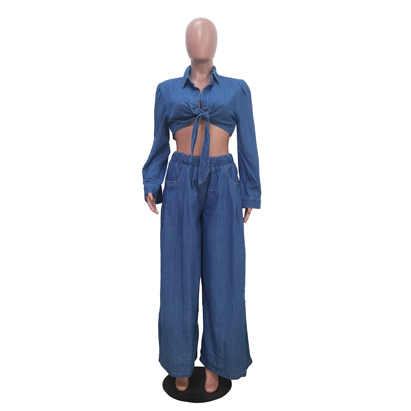 NEW Designer Fall Winter Denim Tracksuits Women Two Piece Sets Long Sleeve Bandage shirt and Wide Leg Pants Casual Outfits Solid Sweatsuits Wholesale 