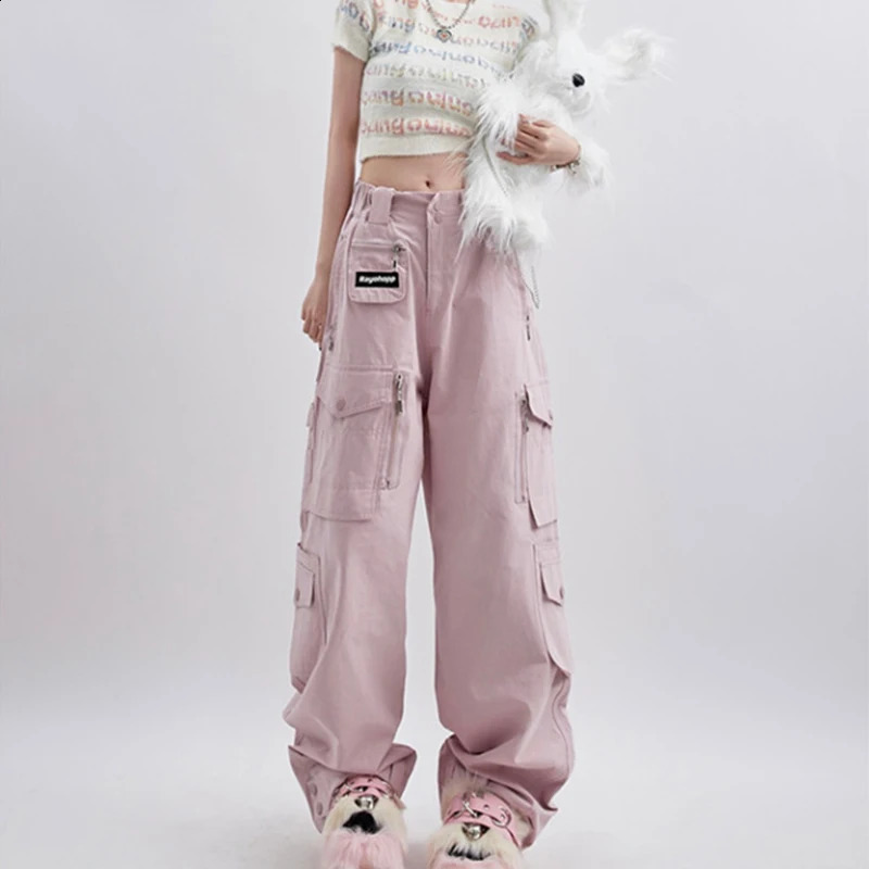 Womens Pink Cargo Vintage Harajuku Y2k Aesthetic Loose Parachute Pants Oversize High Waist Baggy Trousers 2000s Clothes Z260314