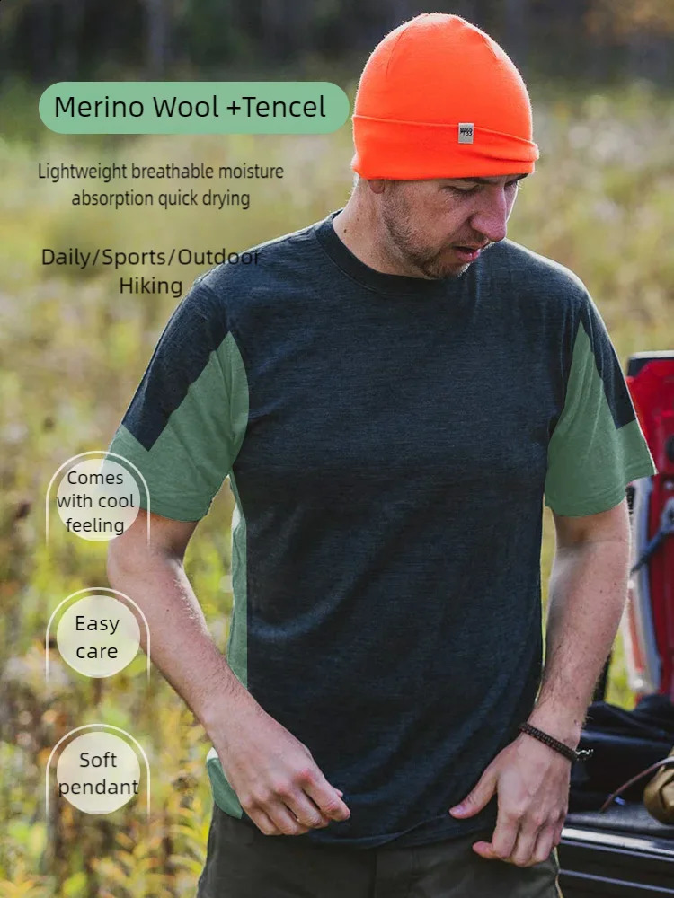 Outdoor mens Tencel Merino wool quick drying clothing breathable sweatshirt sports hiking patch work short sleeved Tshirt 240819