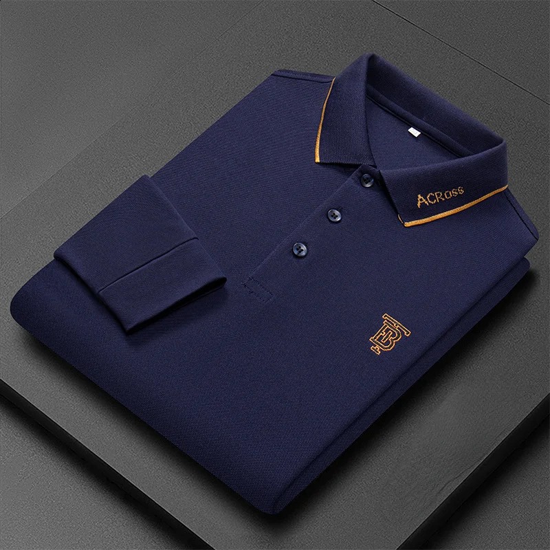 Spring and Autumn Mens Long Sleeve Classic Polo Shirt Fashion Casual Letter Embroidery Business Lapel Loose Mens Clothing 240820