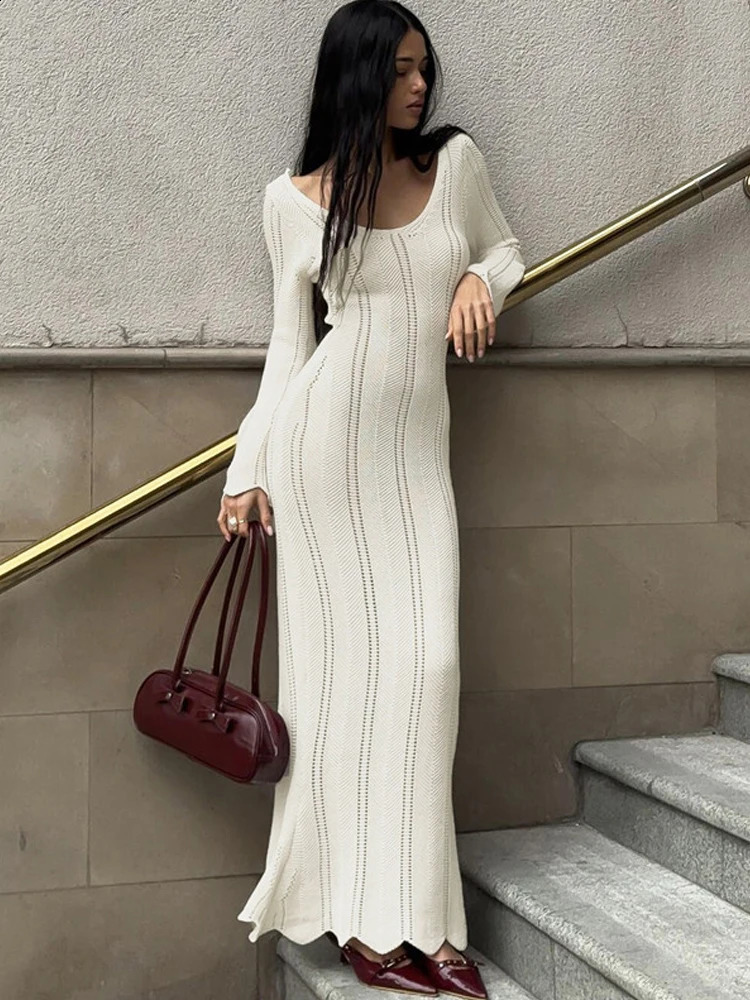 BKQU Knit Elegant Long Dress Women Sexy V-neck Hollow Out Vacation Slim Dress Autumn Long Sleeve Evening Party Sweater Dresses 240819