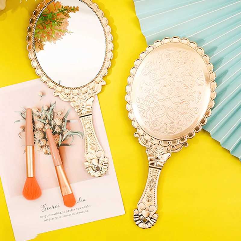 Rose Gold Portable Vintage Makeup Mirror Hand Hold Oval Round Mirror Noble Restore Ancient Ways Court Mirror Beauty Tool Y240819