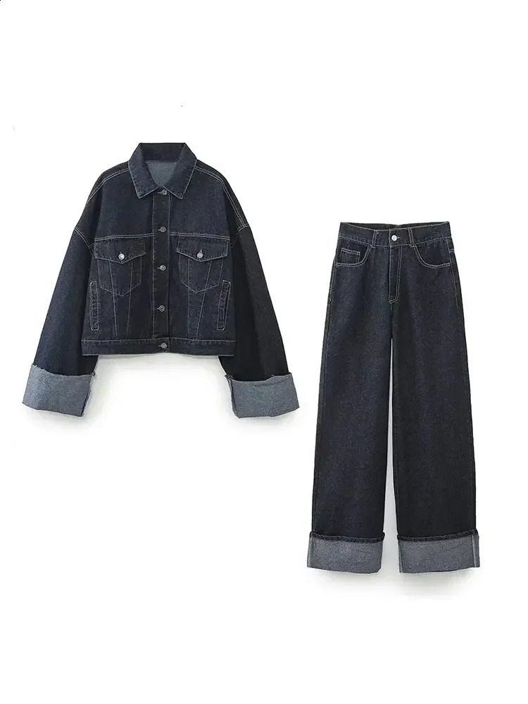Autumn Women Fashion Loose Short Denim Jacket Draped Wide-leg Jean 2 Piece Set Suit