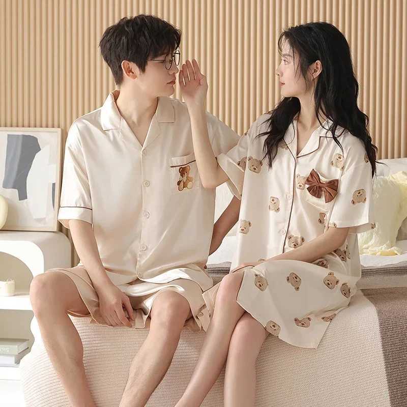 2017 Summer Couple Short sleeved Silk Satin Pajama Set Korean Cute Cartoon Pajama Womens Evening DressW240719