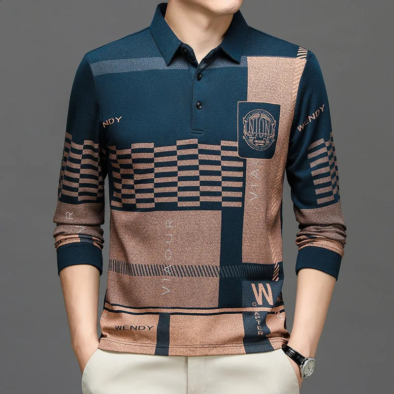 Autumn and Winter T Shirts for Men Long Sleeve Letter Printing Button Striped Polo Tees Turn-down Collar Pullover Tops 240820